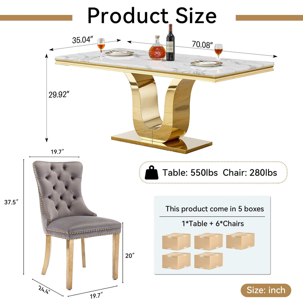 7 Piece Faux Marble Dining Table Set for 6, 70" White Gold Kitchen Table Set with U-Shape Stainless Steel Base
