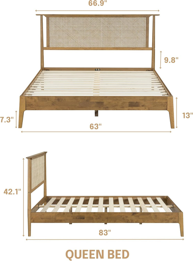 Ruby Wooden Bed Frame with Headboard and Natural Rattan, Solid Oak/Rubber Wood Foundation with Silent Slats, 1000 Lb