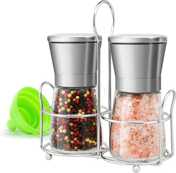 Stainless Steel Salt and Pepper Grinder Set - Short Glass Shaker, Pepper Mill & Salt Mill with Adjustable Coarseness - Set of 2