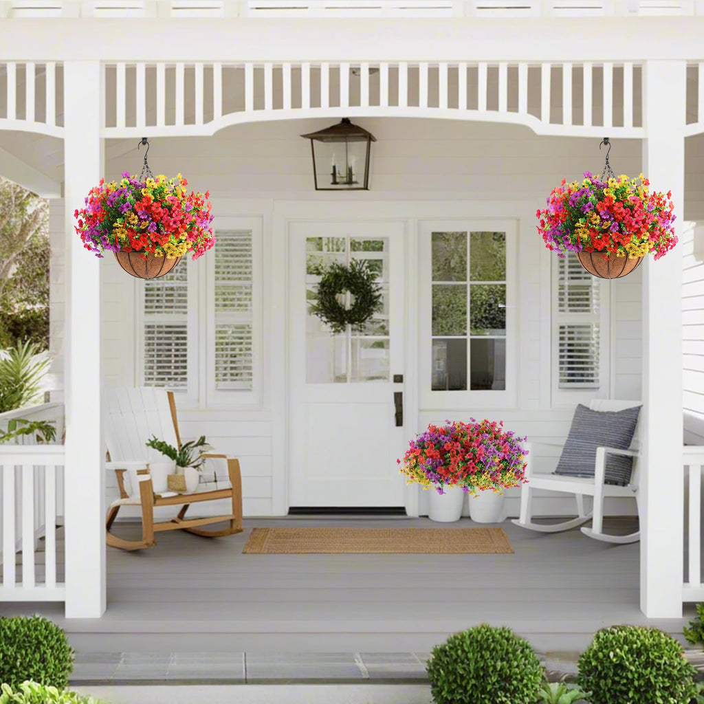 2 Set Artificial Outdoor Flowers with Hanging Basket, 2 Hanging Planters with 24 Pcs Flowers for Spring Summer Front