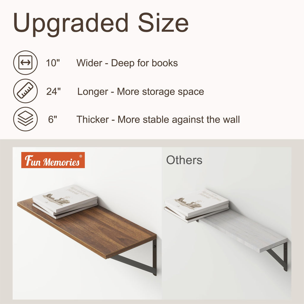 Deep Walnut Floating Shelves for Wall, 24"W x 10"D Wall Shelves Set of 2, 10 Inch Deep Floating Shelf with Brackets