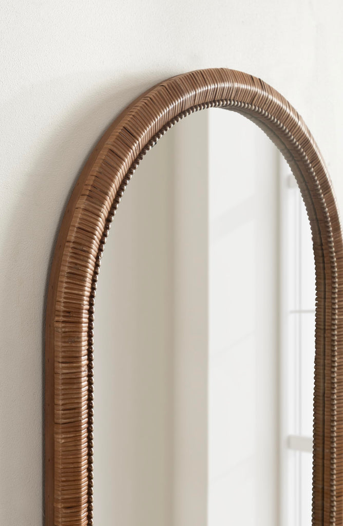 Rahfy Boho Beaded Arched Rattan Wall Mirror, 24 x 36, Dark Natural Wood, Decorative Rounded Arch Mirror with