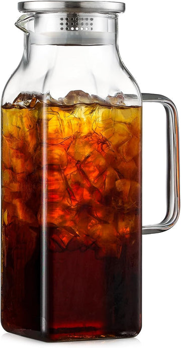 2 Quart (2 Liter 68 oz) Square Glass Pitcher with Lid and Spout, Water Pitchers with Handle for Fridge, Borosilicate