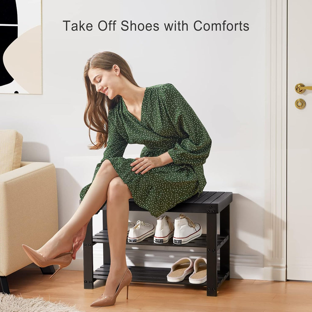 3 Tier Bamboo Shoe Rack Bench, Black