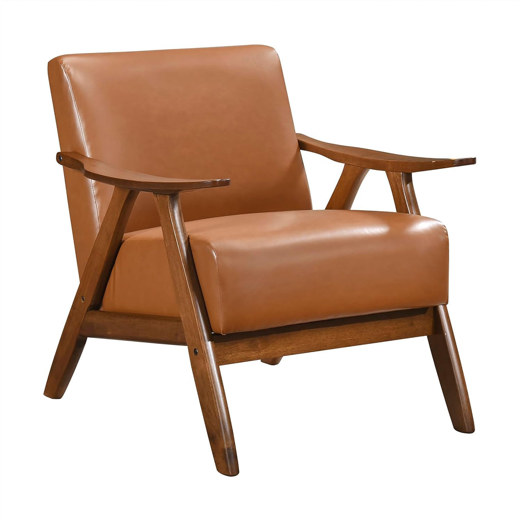 Faux Leather Accent Chair with Walnut Wood Frame, Brown