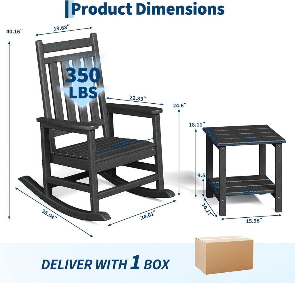 HDPE Rocking Chair Outdoor Set of 2 with Side Table, High Back Rocker | All Weather Resistant & Wood Textured