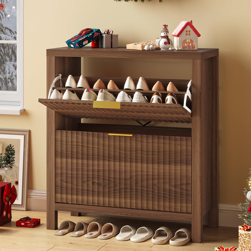 Fluted Shoe Cabinet Storage with 2 Flip Drawers