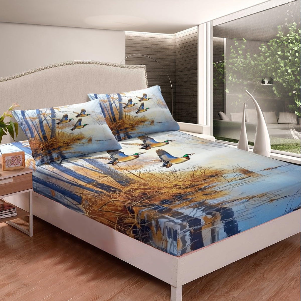 Mallard Duck Sheet Set Mallard Duck Bird Bed Sheets Set Rustic Natural Lake Scenery Sheets Vintage Woodland
