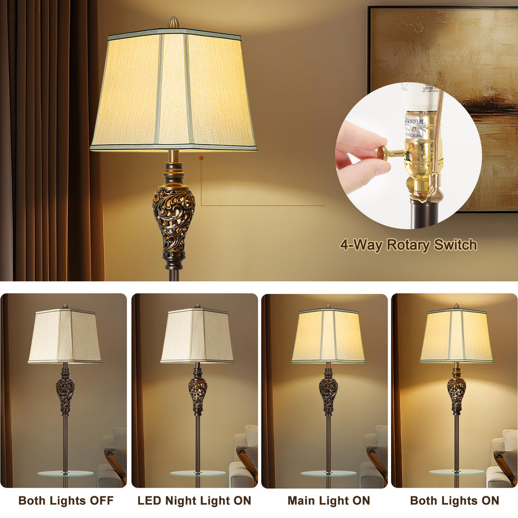 Rustic Floor Lamp with Nightlight and Glass Tray