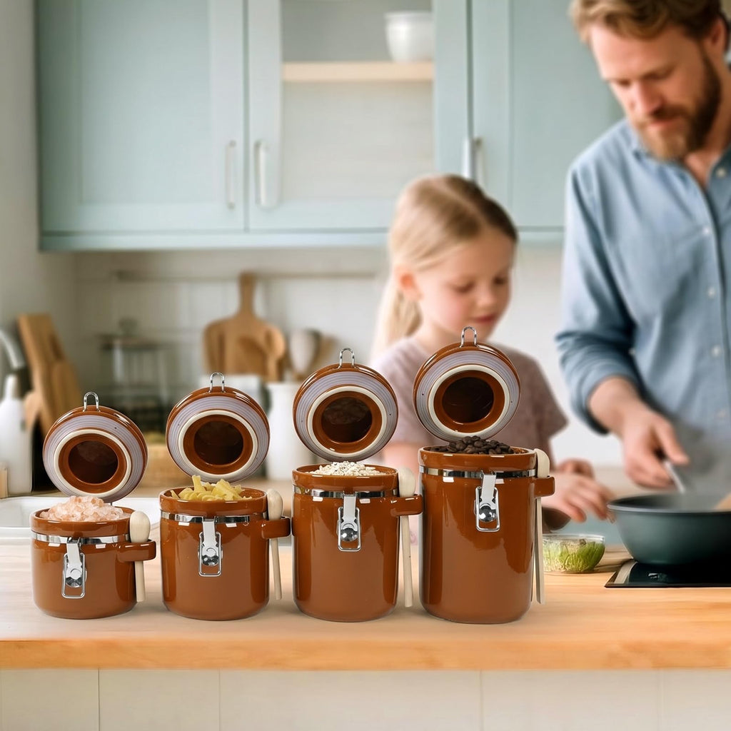 4 Piece Airtight Ceramic Canister Set With Attached Wooden Spoon Reusable Chalk Labels For Dry Goods Sugar Coffee Tea
