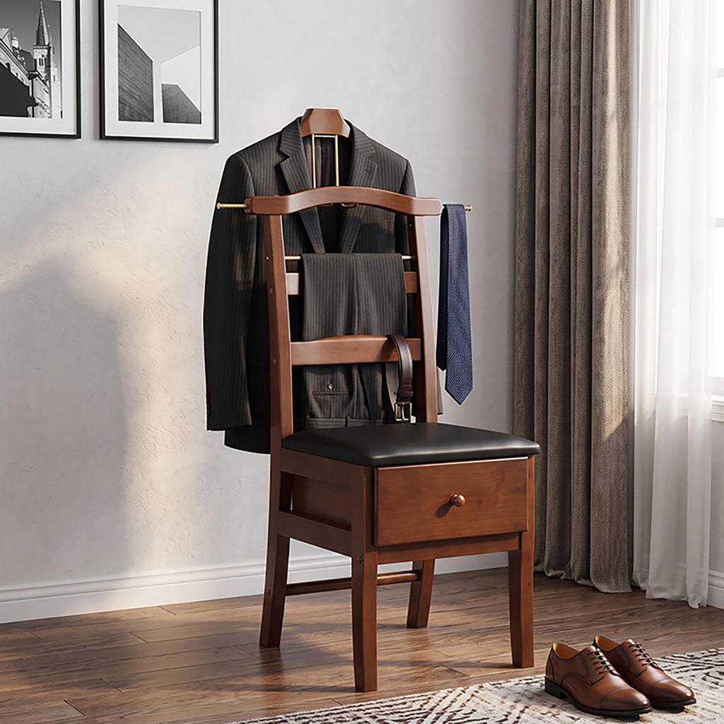Wooden Chair Valet Stand with Contour Hanger and Drawer