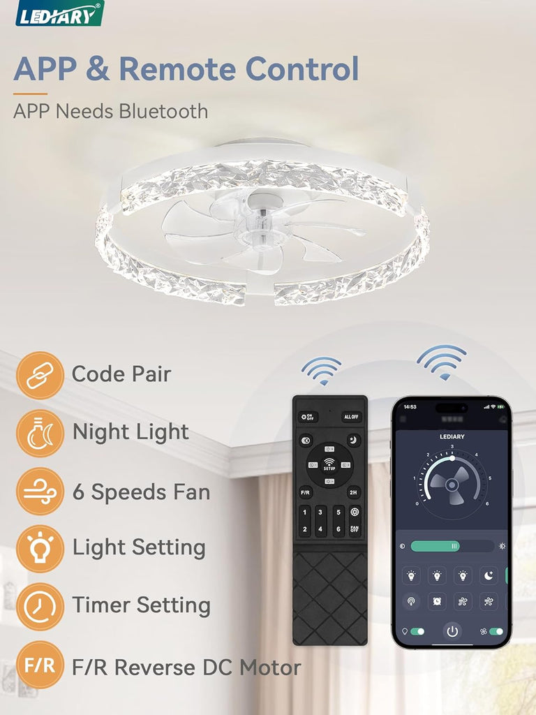 20 Inch Low Profile Ceiling Fans with Lights and Remote, Fandelier Ceiling Fan Flush Mount