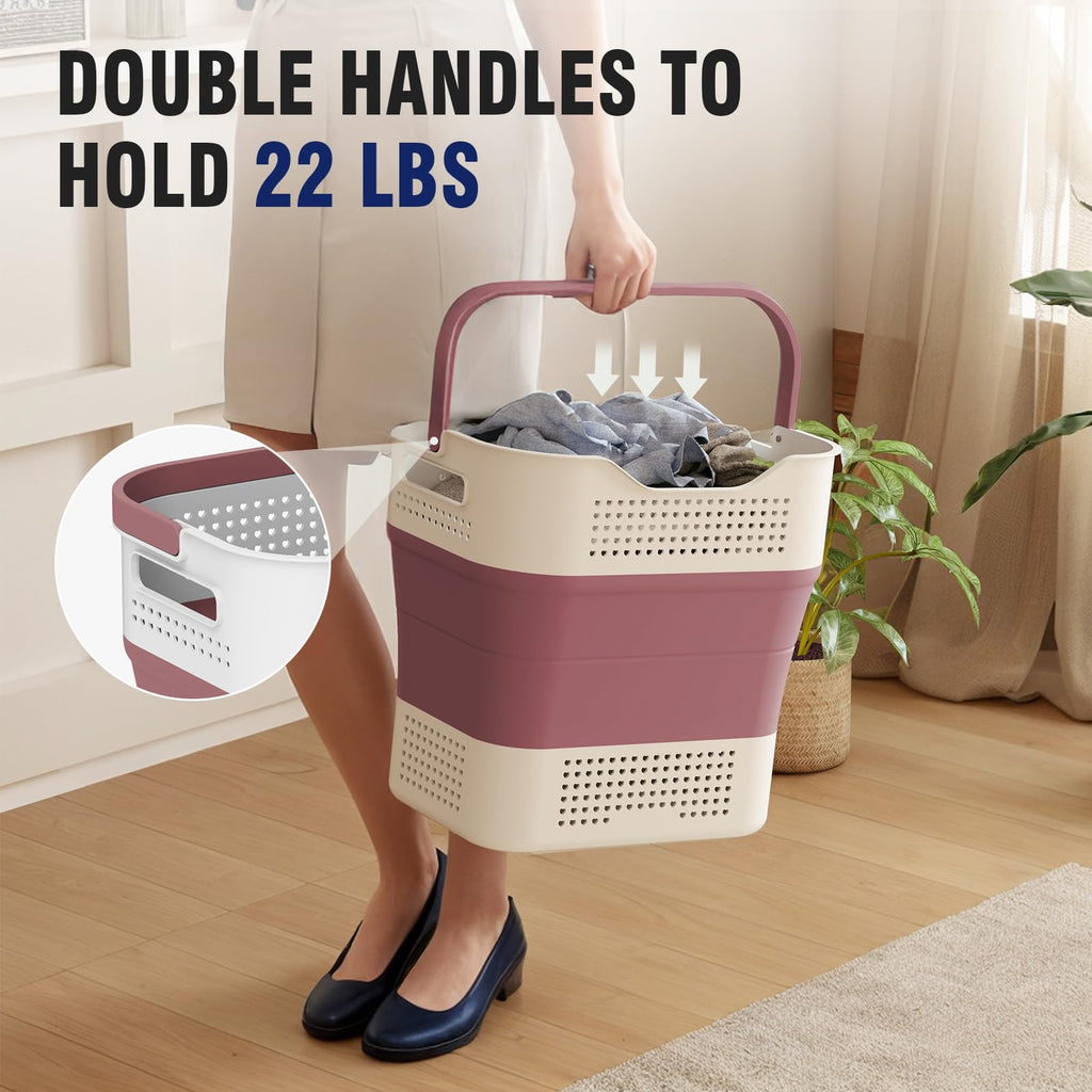 Collapsible Plastic Laundry Basket Hamper with Handles, 35L Portable Rubber Clothes Basket, Pop Up Storage