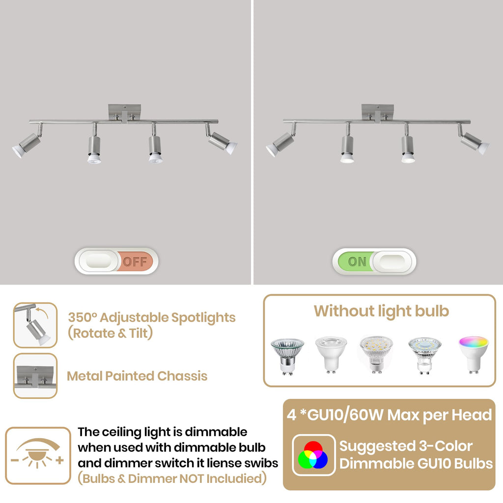 Long Stem Track Lighting, Nickel Hardwired GU10 Ceiling Spotlight, Rotatable Adjustable Long Arm Track Light