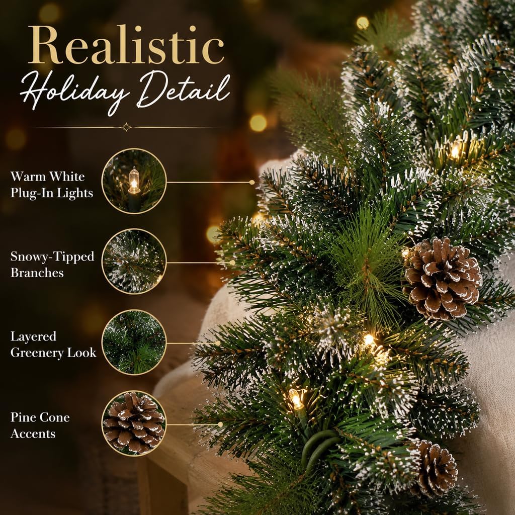 Pre-Lit Christmas Garland, Artificial Holiday Garland with 50 Plug-in Lights, Pine Cone Decorations for Fireplace
