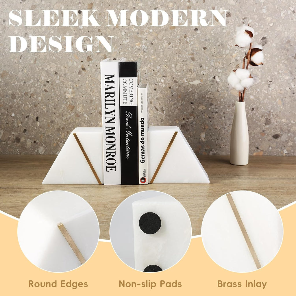 Natural Marble Bookends for Shelves, Decorative Book Ends for Heavy Books, Heavy Duty Mid Century Modern White and