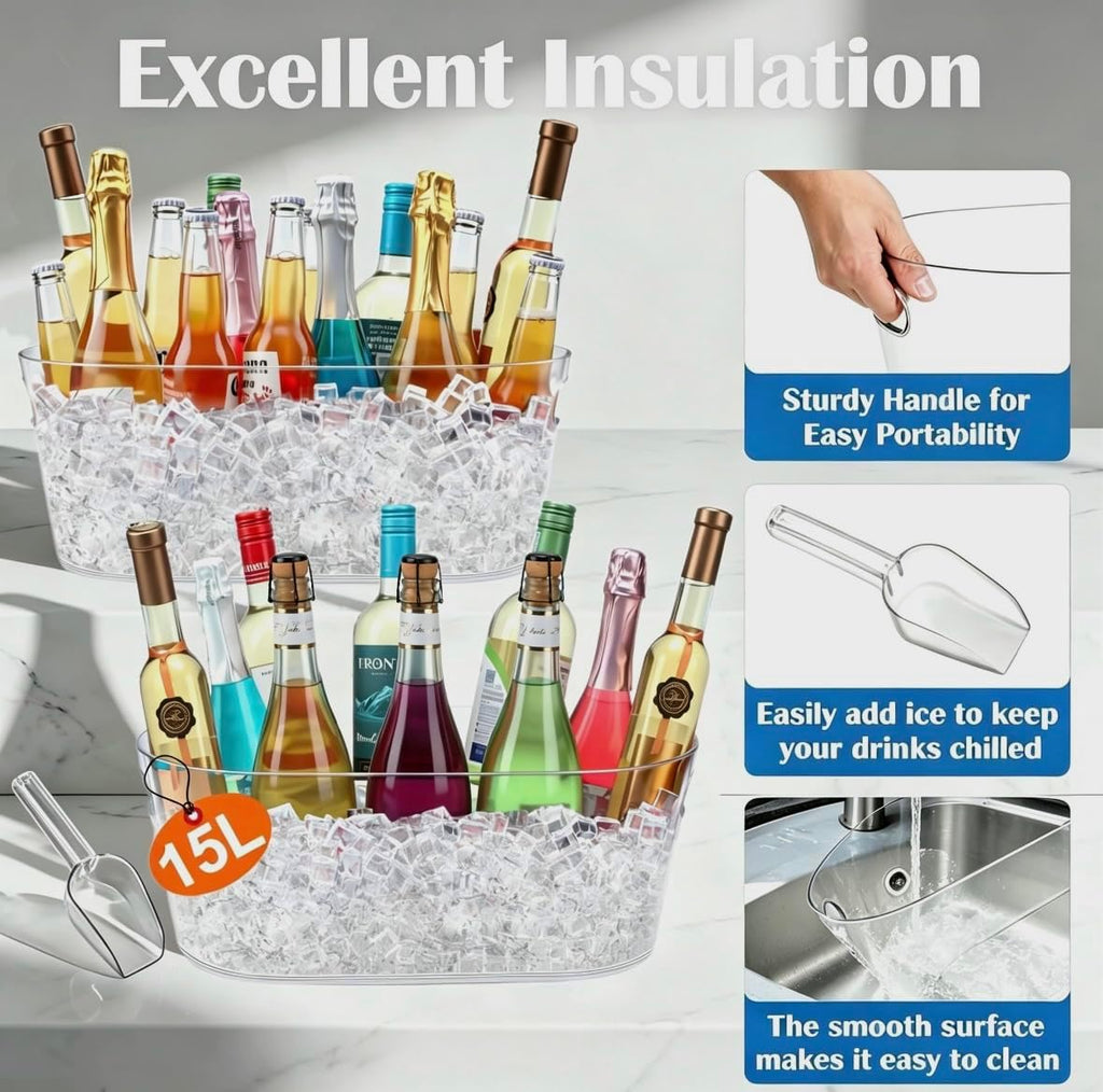 Ice Buckets for Parties, 15L Large Ice Bucket, 4 Gallon Clear Acrylic Champagne Ice Buckets with 2 Scoops - Set of 2
