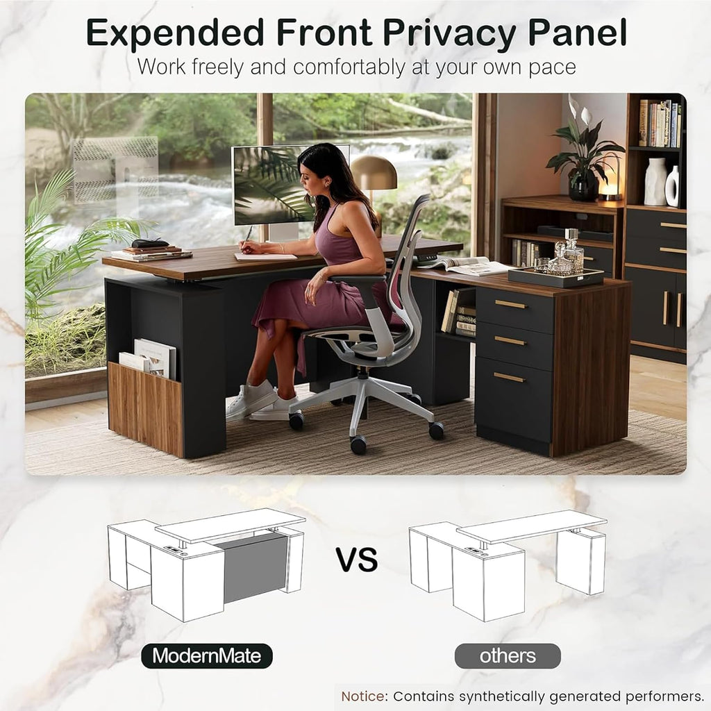 63" L Shaped Executive Standing Desk with 3 Drawers | Electric standing desk with Privacy Panel, AC/USB, 1.18"