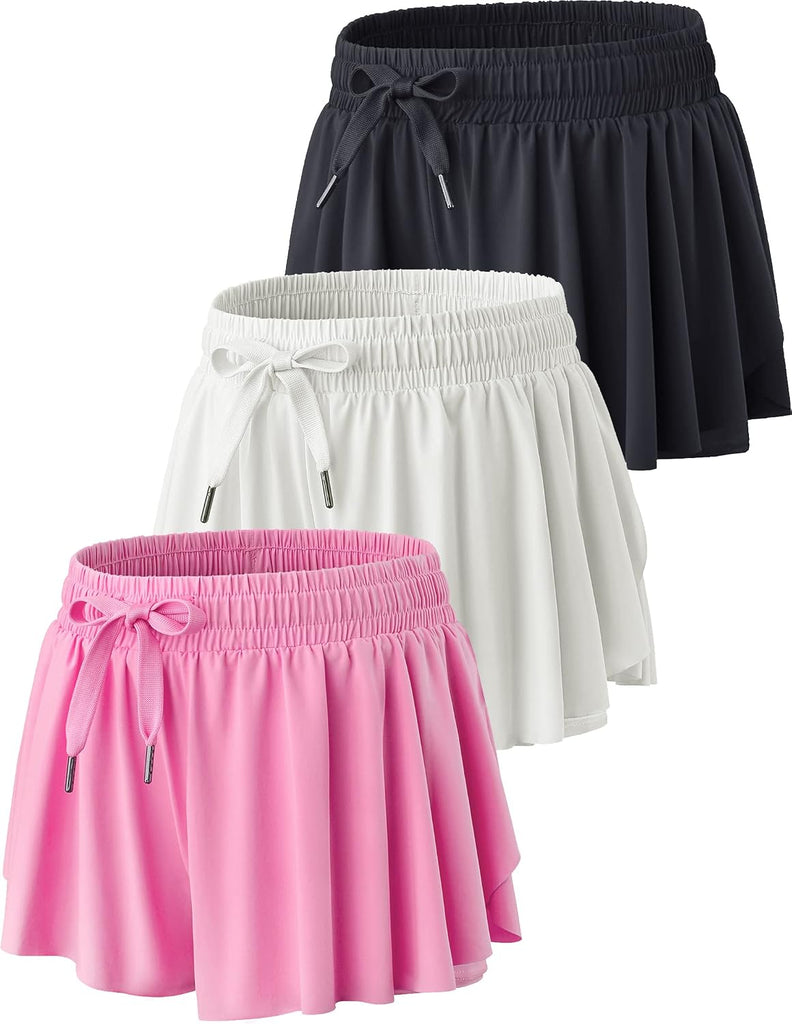 1 or 3 Pack Youth Girls Flowy Shorts with Spandex Liner & Pockets
