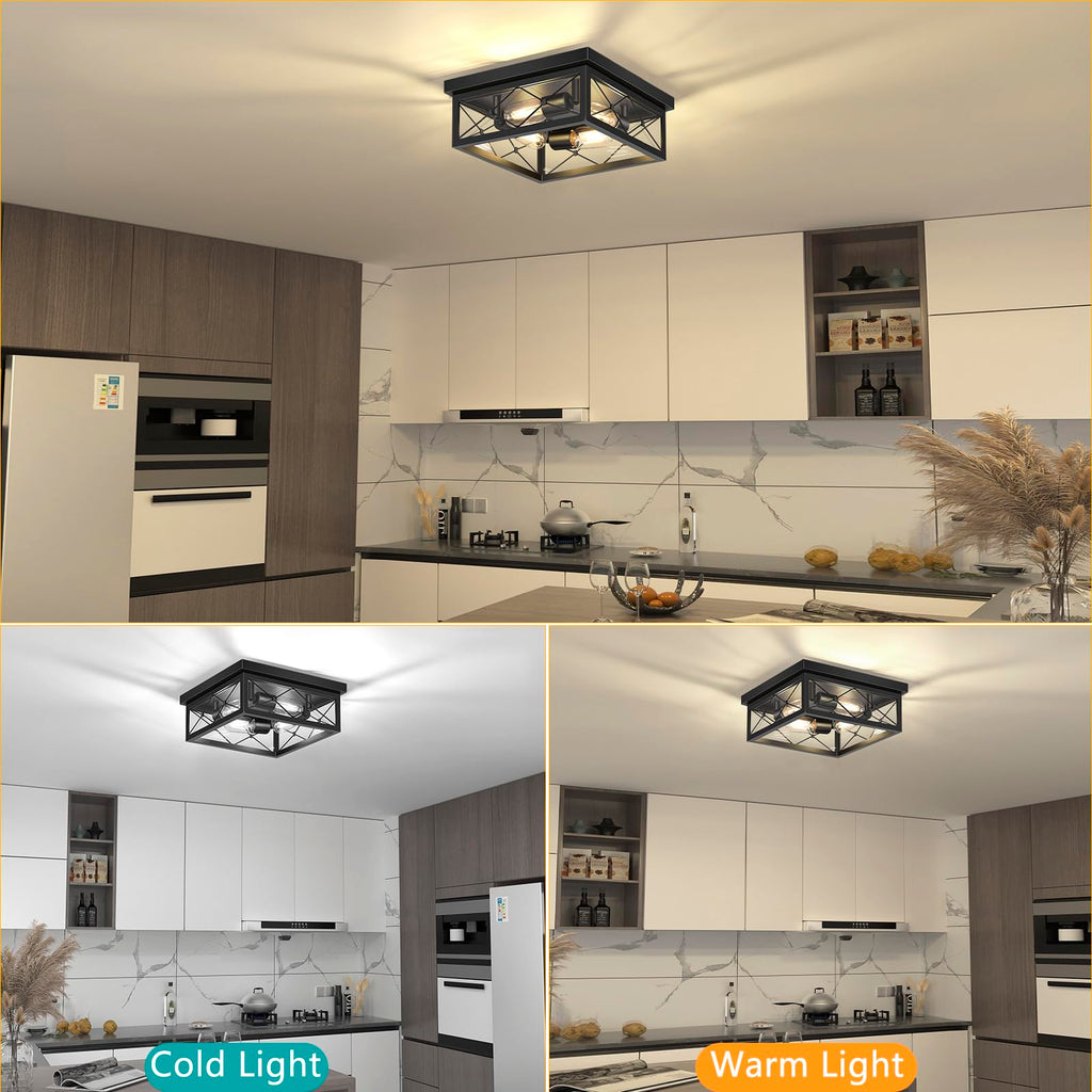 12" Square Flush Mount Ceiling Light with Clear Glass Shade, 4-Light Farmhouse Outdoor Porch Ceiling Light Fixtures