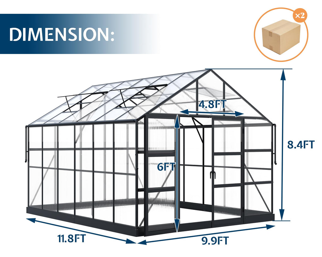 10x12x8.4 FT Polycarbonate Greenhouse with 4 Vent Windows