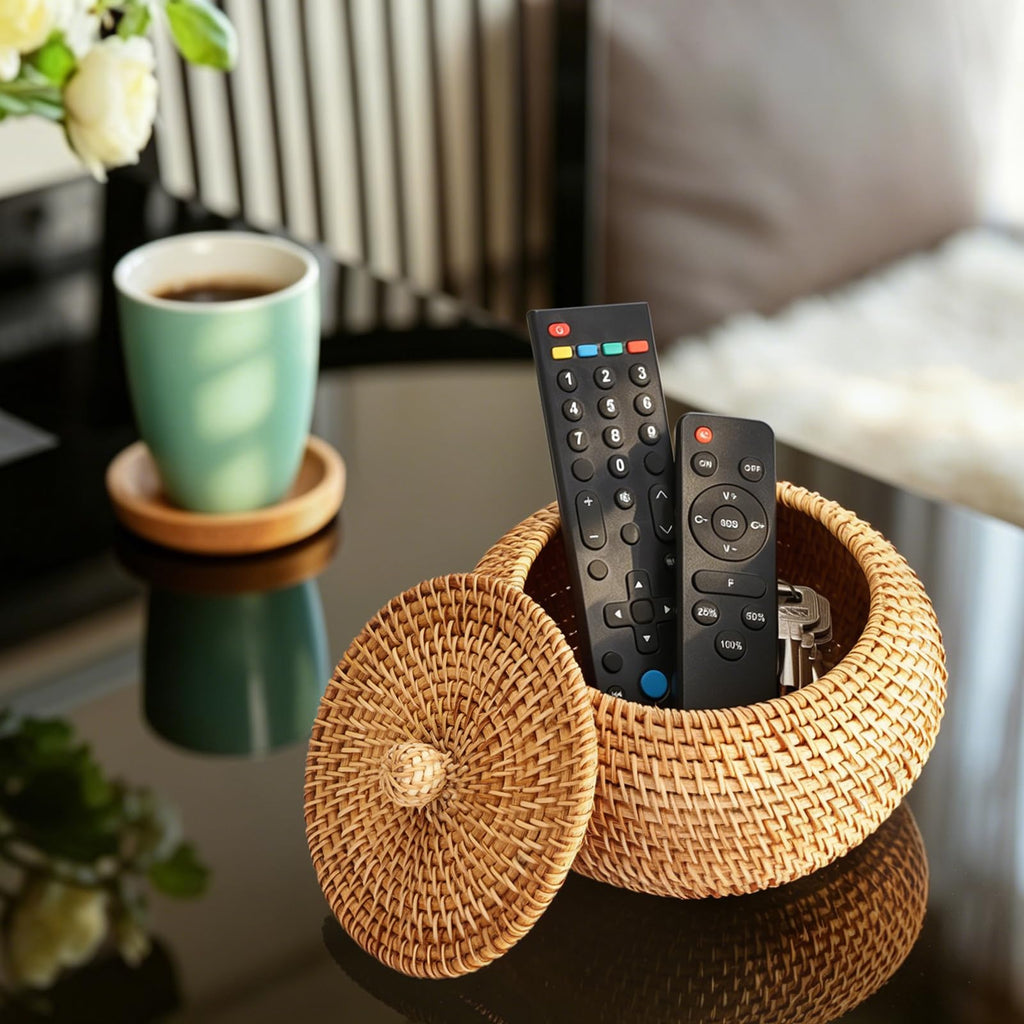 Handwoven Rattan Basket Round Wicker Storage Box with Lid