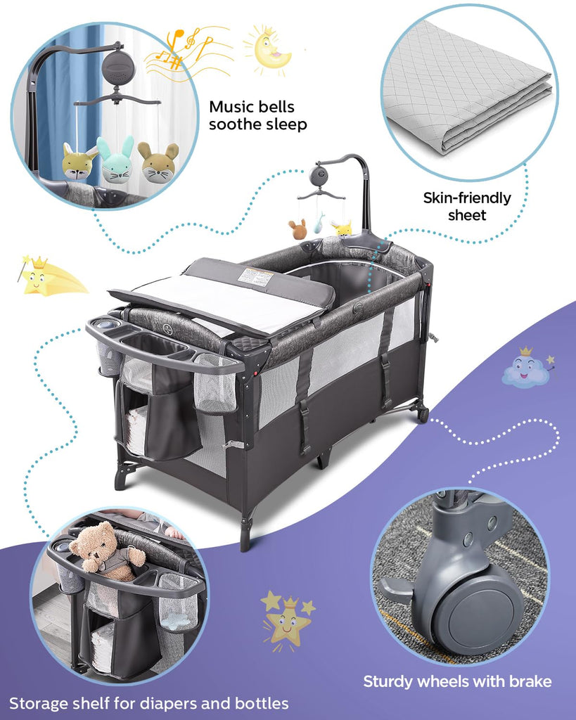 Baby Bassinet Bedside Crib, Play Yard, Diaper Changer, Grey