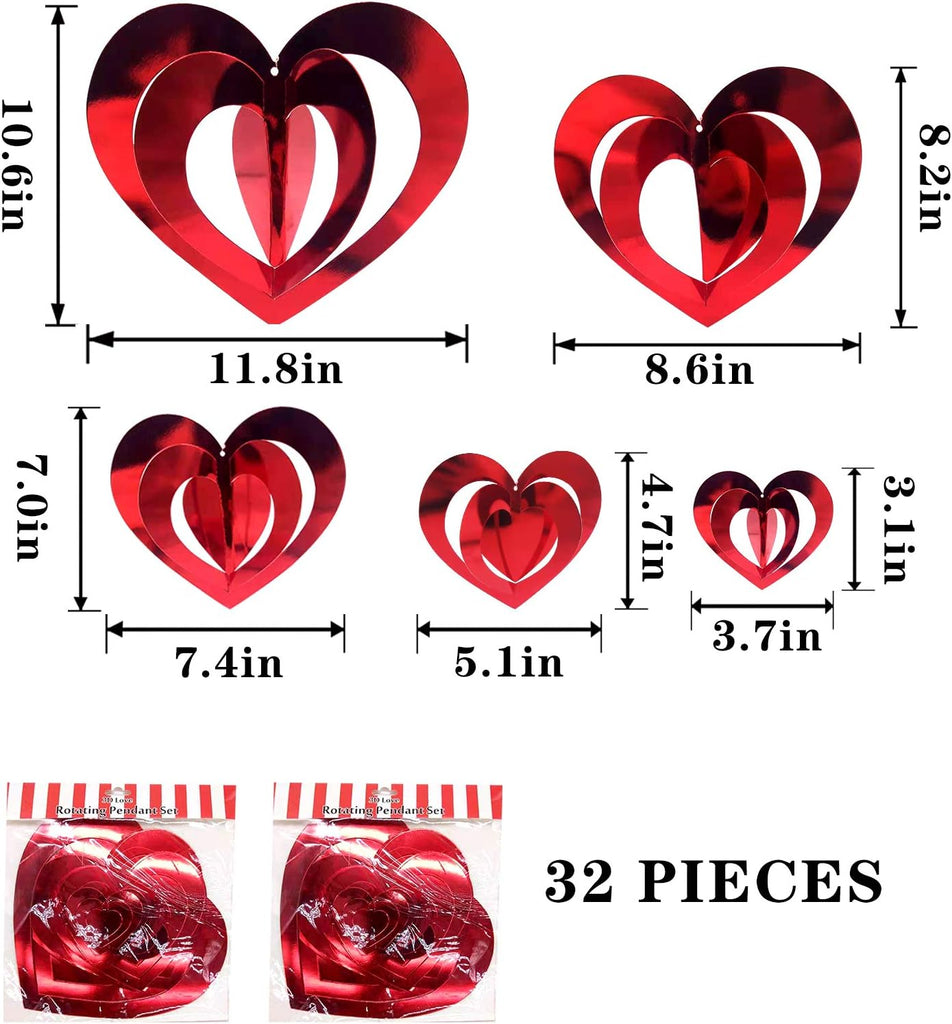 Valentine's Day Heart Hanging Foil Decorations, Swirl Red Hearts Ornaments, 3D Heart Garland Ornaments - Set of 32