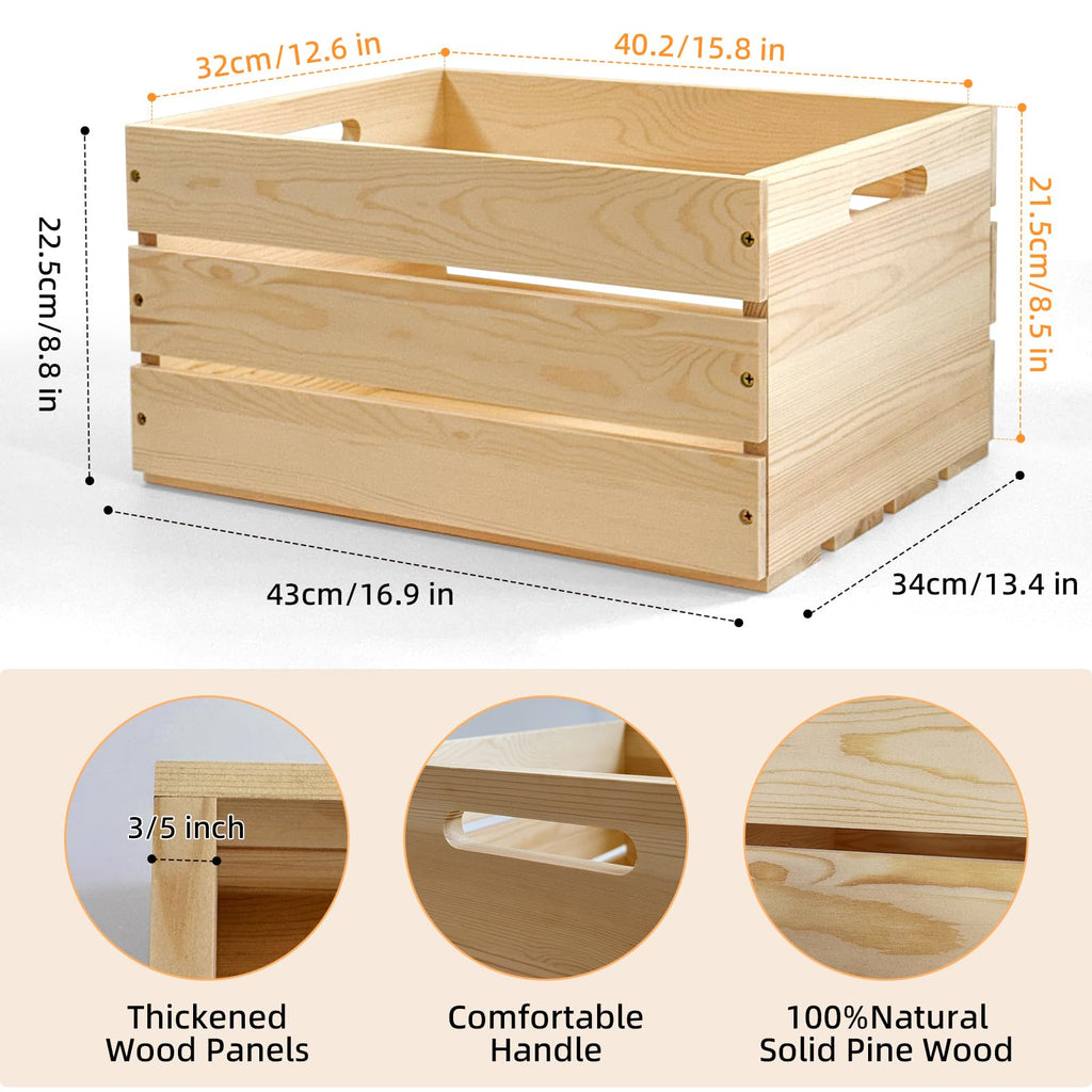 Large Wooden Crates with Handles, Natural Solid Pine Wood Crates for Storage, Decor, Wooden Milk Crate for Farmhouse