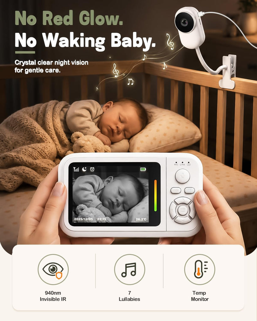 Monitor with Camera and Audio, No WiFi, Crib Clip, Stand & Wall Mount