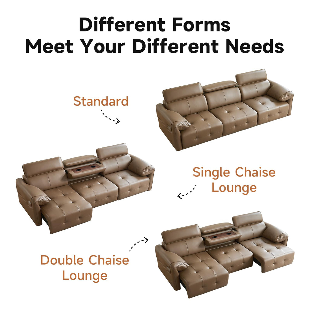 Electric Pull Out Couch With Adjustable Headrests, Genuine Leather Power Recliner Sofa with Extendable Footrest