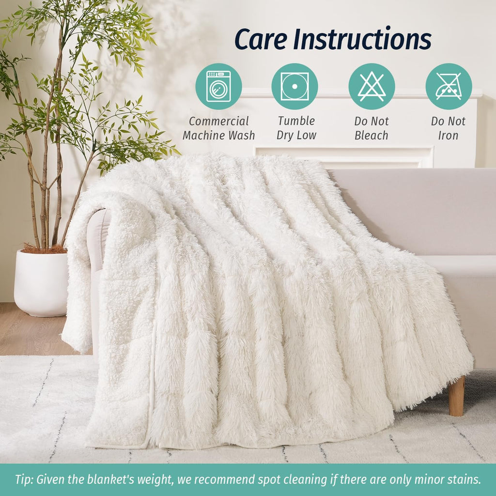 Shaggy Faux Fur Weighted Blanket for Adult 15lbs, Queen Size 60x80 | Fluffy Long Plush Fleece; Fuzzy Sherpa Reverse;