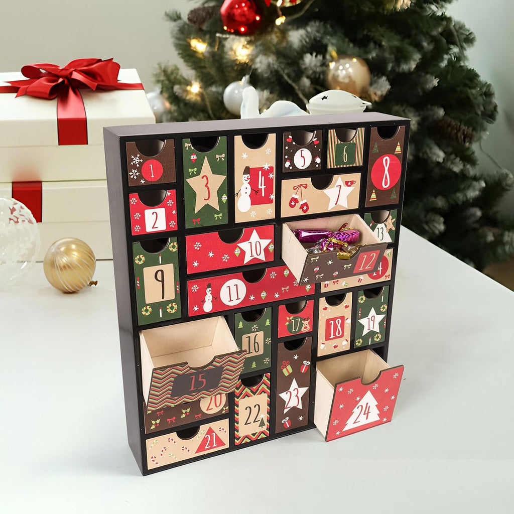 Wooden Advent Calendar to Fill, 14.6×12.6 Inch 24-Day Refillable Empty Christmas Countdown Calendar with Drawers
