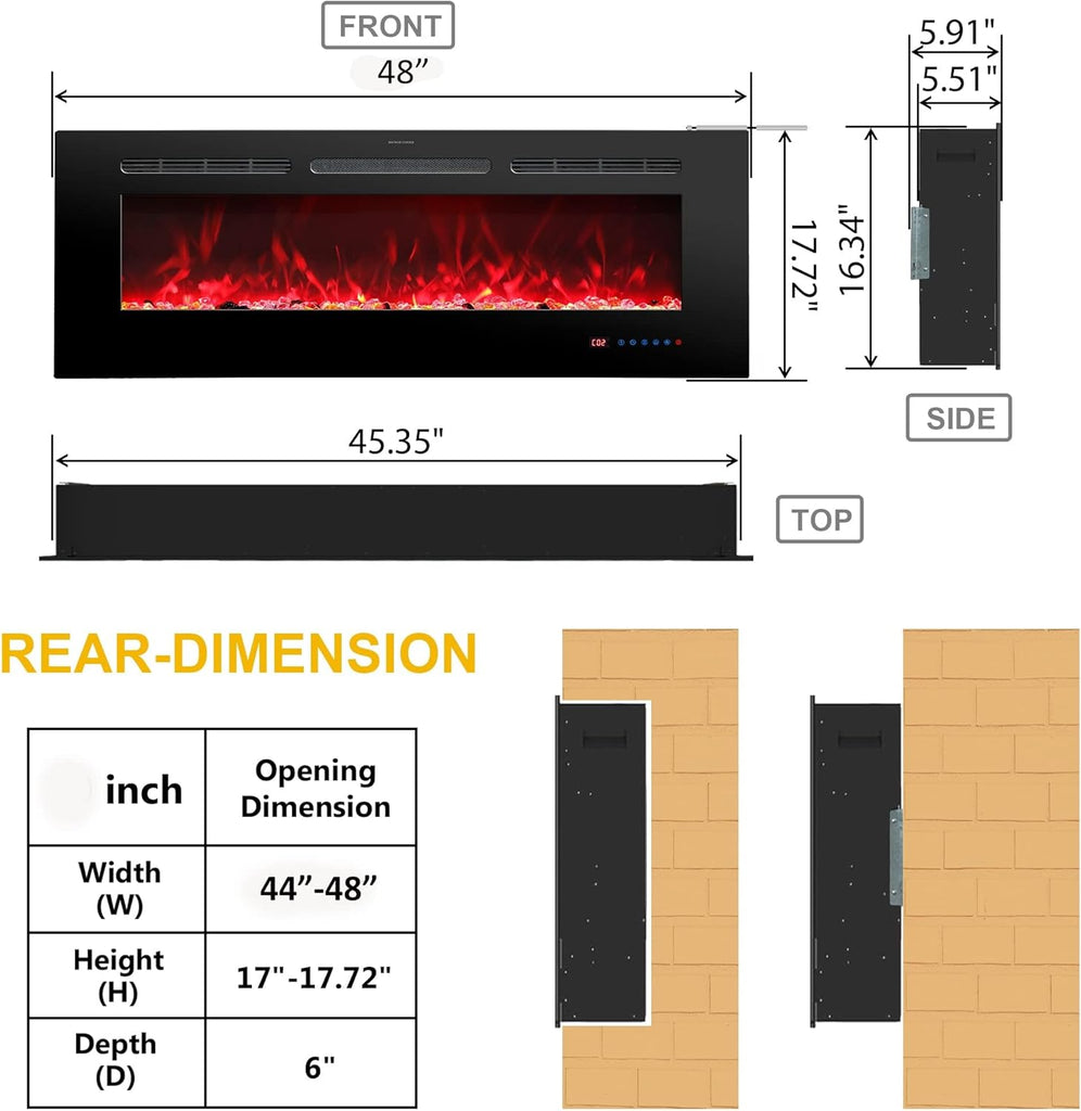 48 Inches Electric Fireplace Inserts, Recessed and Wall Mounted Fireplace Heater for Indoor Use with Remote Control