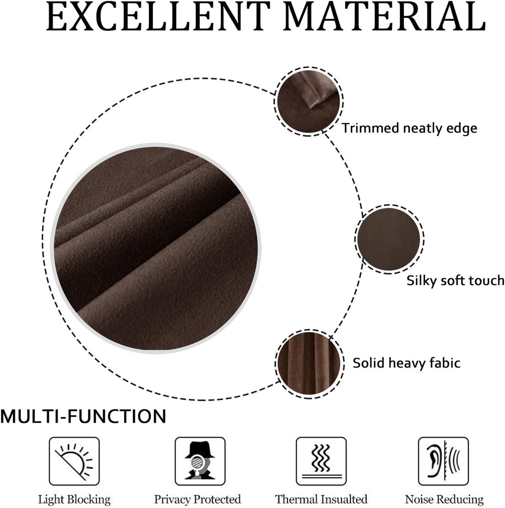 Brown 96in Long Luxury Velvet Curtain Panels with Grommet, Insulated Soft Privacy Noise Reducing Velvet Window Drapes