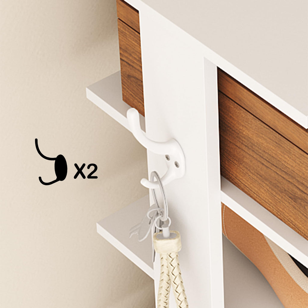 10-Tier Vertical Shoe Rack, Corner Shoe Tower, Slim Shoe Organizer with Two Hanging Hooks, Wooden Shoe Storage Stand
