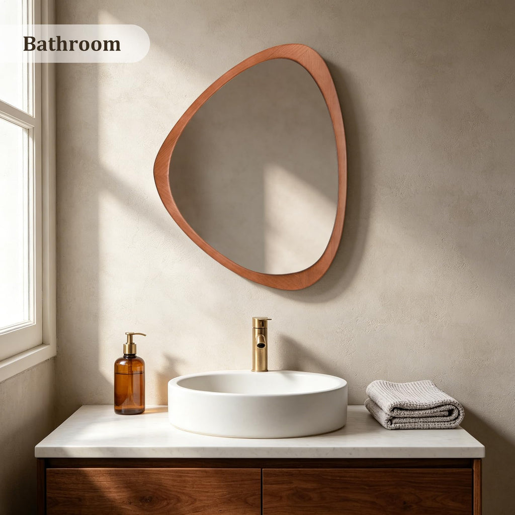 25 x 20 Asymmetrical Mirror, Irregular Wooden Wall Mirror - Boho Mid Century Modern Decorative, Solid Wood Frame