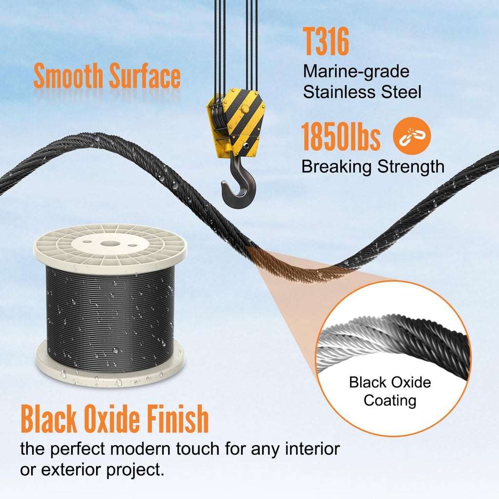 1/8" Black Stainless Steel Cable Railing for Deck Cable Railing