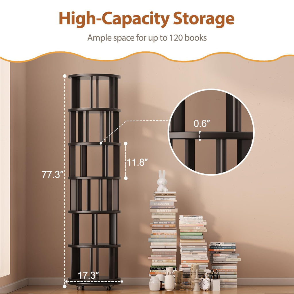 6 Tier Solid Wood Rotating Bookshelf Tower on Wheels, Black