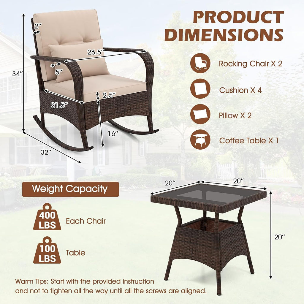 3 Pieces Outdoor Wicker Rocking Chair, Patio Furniture Set (Beige) | with Cushions, Pillows, Glass Coffee Table
