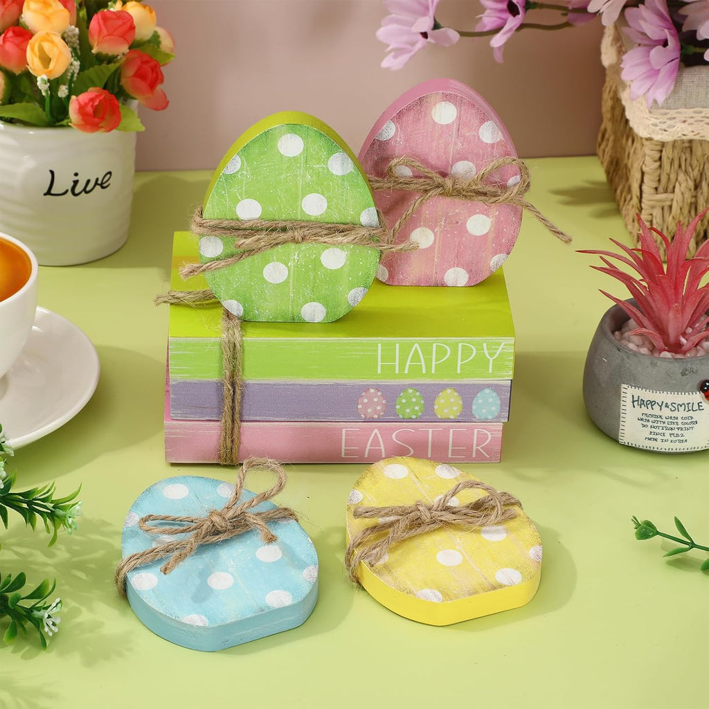 Easter Wooden Tiered Tray Decor Faux Stacked Books Colorful Polka Dot Egg Table Centerpiece Block Signs - Set of 7