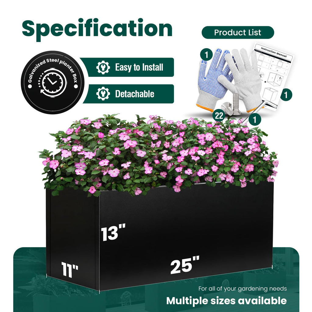 Metal Rectangular Planter 25" L x 11" W x 13" H, Galvanized Steel