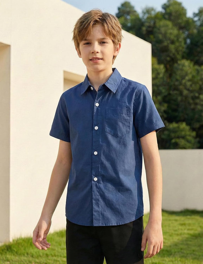 Boys Cotton Dress Shirt Button Down Kids Short Sleeve Uniform Solid (2-14 Years)