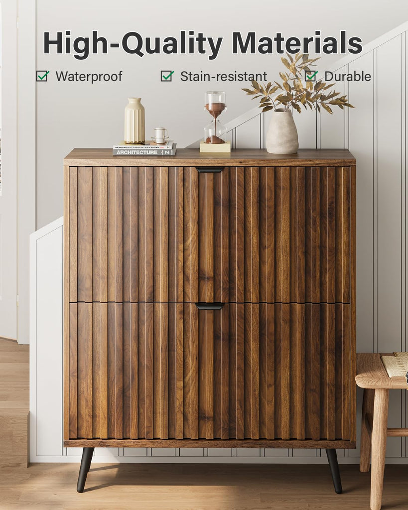 Shoe Storage Cabinet, Walnut Fluted Shoe Cabinet Storage, Hidden Shoe Cabinet with Metal Legs, Slim Entryway Shoe
