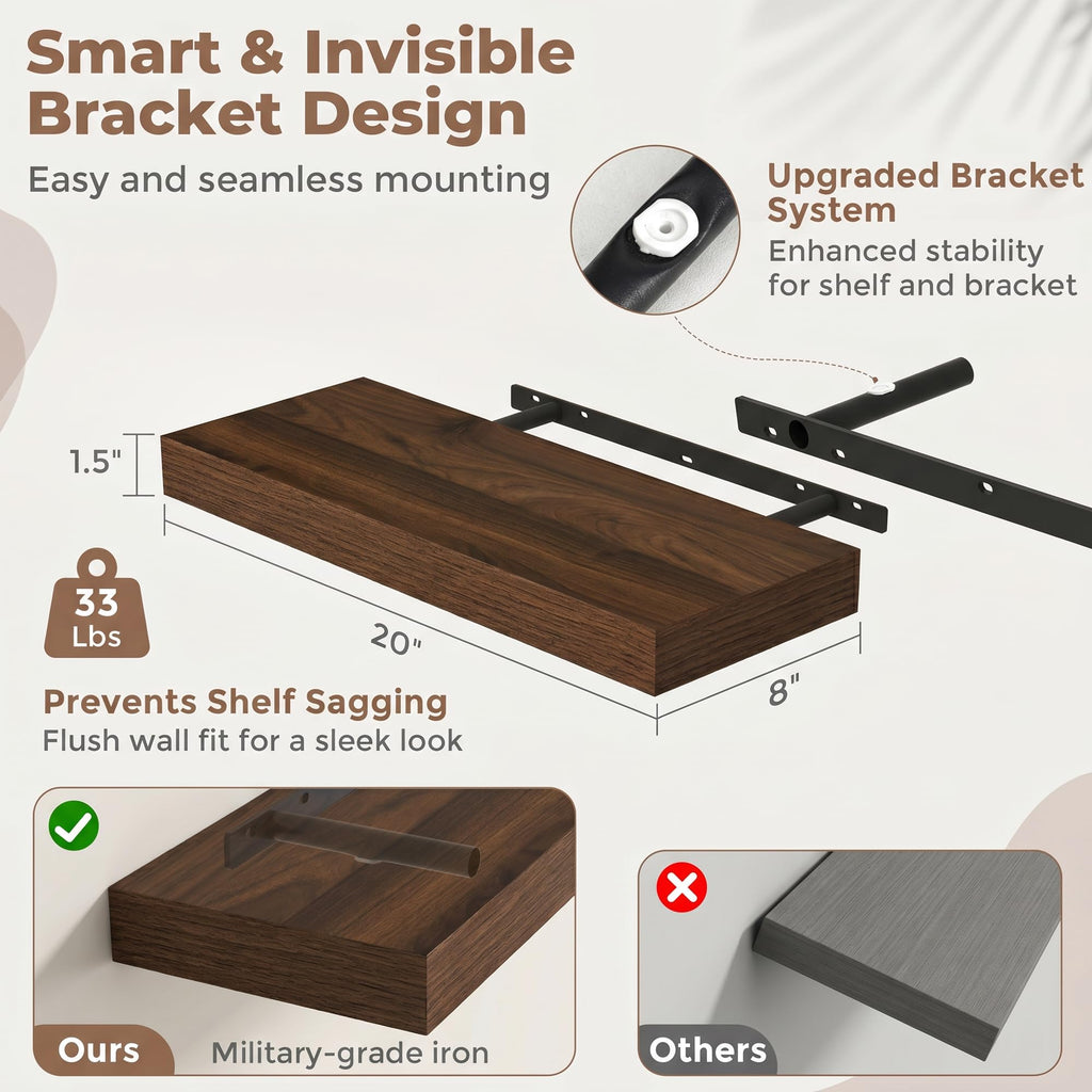 20 Inch Floating Shelves for Wall, 8"D Wood Storage Shelves, Walnut Finish