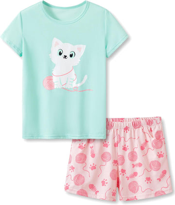 Girls Cotton Blend Pajamas Cute Print Short Sleeve Set