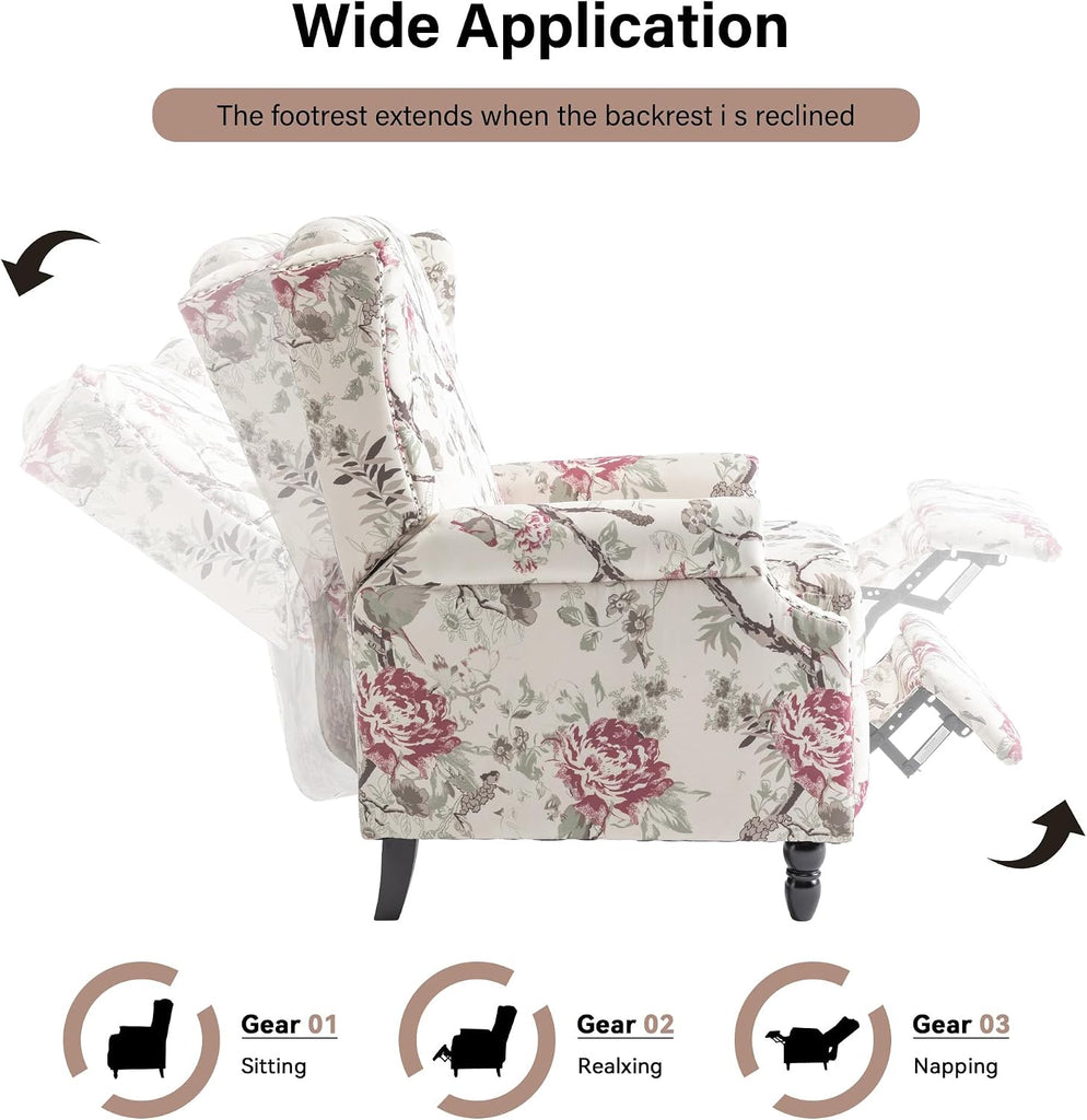 Pushback Recliner Chair, Floral Fabric Wingback Recliner Chair, Upholstered Rivet Trim Armchair Push Back Recliner