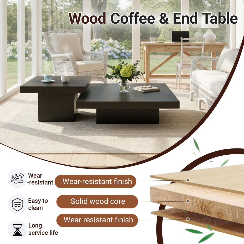 Coffee Table Modern Rustic Square Center Table with Wooden Legs, 1.6" Thick Tabletop, Low Profile Accent End Side