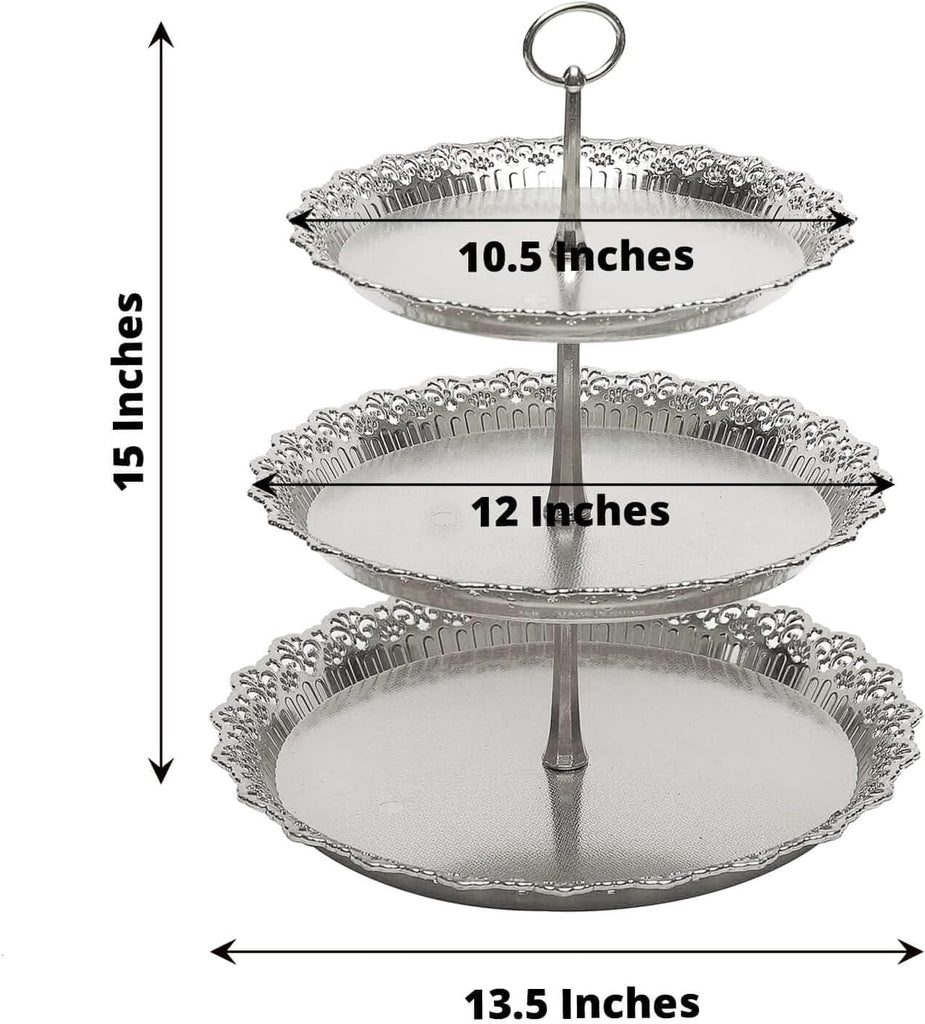 3-Tier Silver Cupcake Stand Lace Cut Scalloped Edge Dessert Tower, Decorative Baby Shower Pastry Display - 15" Tall - Set of 3