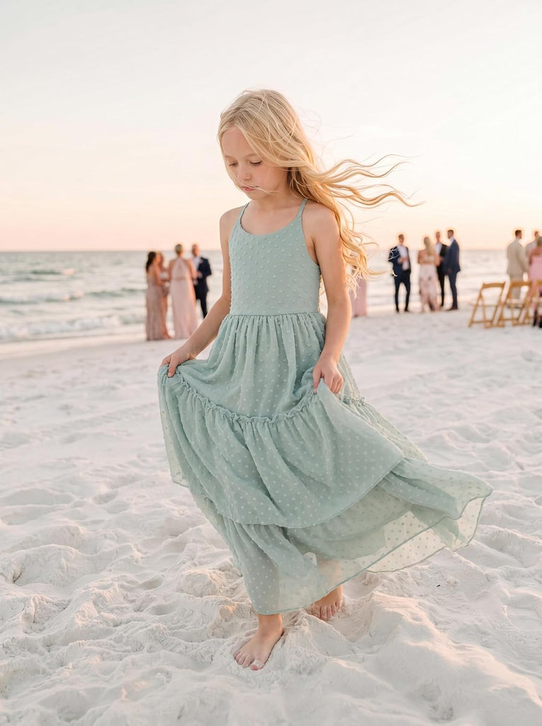 Boho Flower Girl Dresses Swiss Dot Chiffon Girls Backless Dress Beach Wedding Flowy Summer Maxi Gown